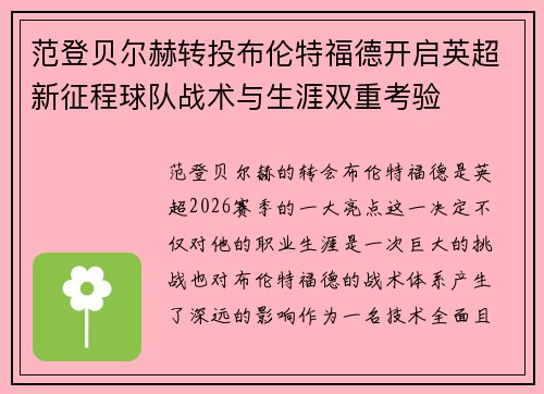 范登贝尔赫转投布伦特福德开启英超新征程球队战术与生涯双重考验